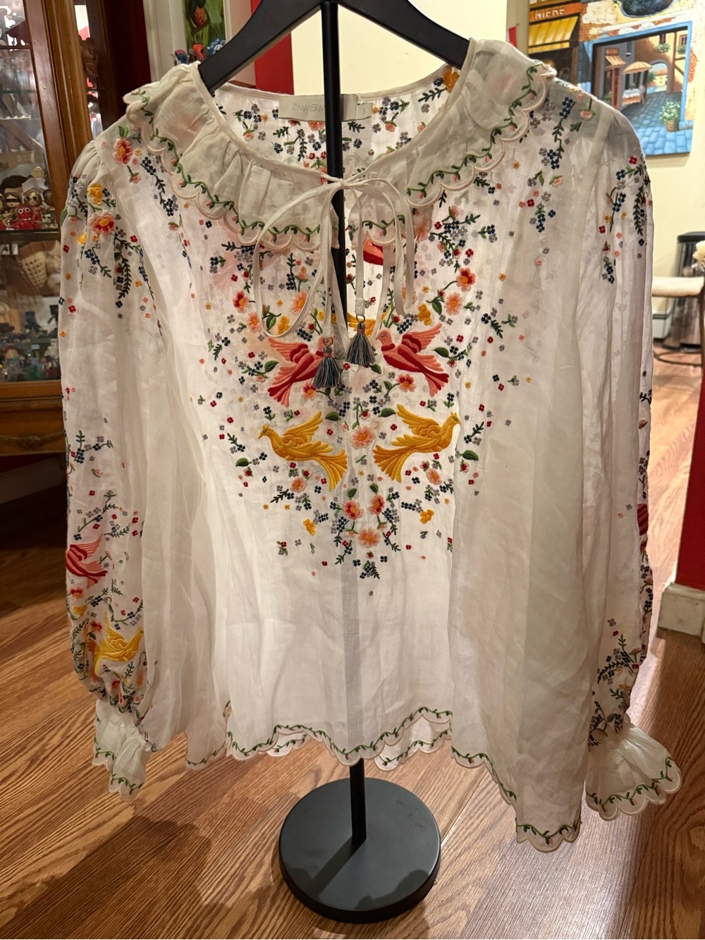 Zimmermann White Embroidered Peasant Blouse with Floral & Bird Motif W/tassels